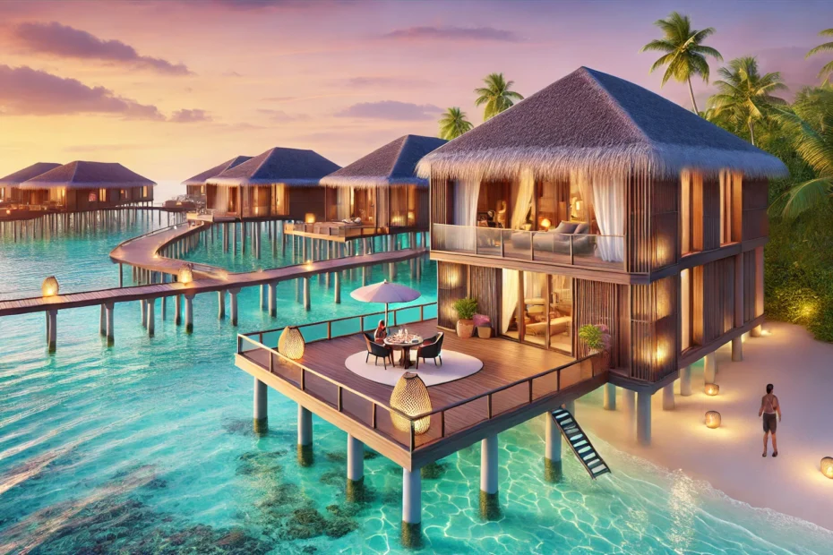 A realistic scene depicting a luxurious overwater resort reservation in the Maldives. The setting includes crystal-clear turquoise waters surrounding